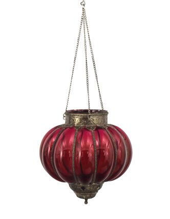 Sklenená lampa, červená, železné prvky, priem. 25cm, výška 26cm