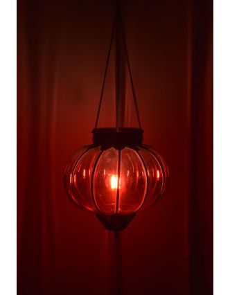 Sklenená lampa, červená, železné prvky, priem. 25cm, výška 26cm