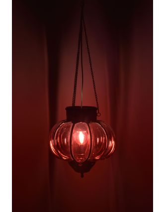 Sklenená lampa, červená, železné prvky, priem. 23cm, výška 22cm