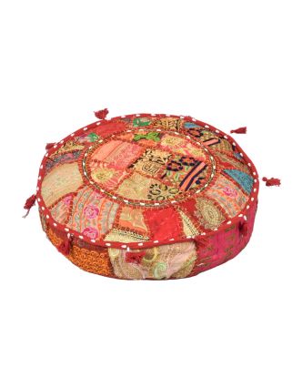 Meditačný vankúš patchworkový ručne vyšívaný, okrúhly 40x12cm