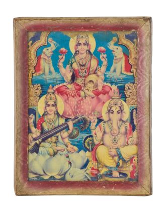 Starý obraz v teakovom ráme, Lakšmí, Saraswatí, Ganéš, 27x2x34cm