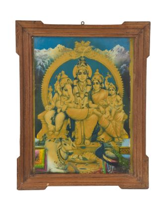 Starý obraz v teakovom ráme, Šiva, Ganéš, Parvati, Kartik, 41x2x51cm