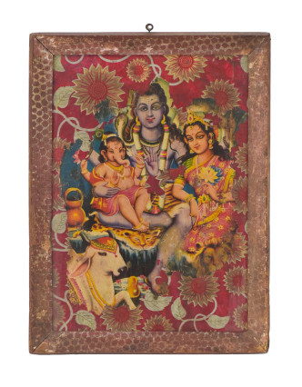 Starý obraz v teakovom ráme, Šiva, Ganéš, Parvati, 29x2x38cm