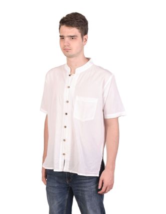 Biela pánska košeľa-kurta s krátkym rukávom a vreckom, celorozopínacia