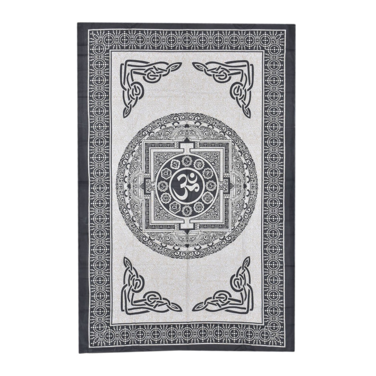 Prikrývka na posteľ s potlačou Mandala Óm, béžová a čierna tlač, 140x202cm