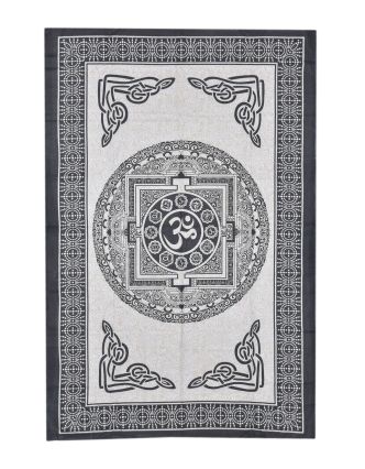 Prikrývka na posteľ s potlačou Mandala Óm, béžová a čierna tlač, 140x202cm