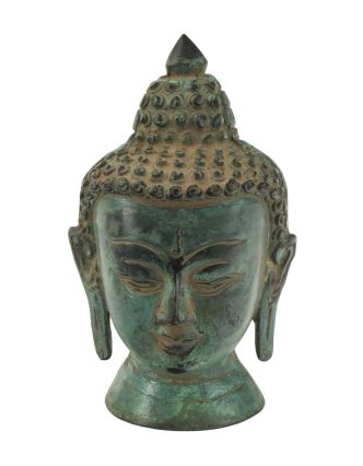 Budhova hlava, mosadzná, zelená patina, 13cm