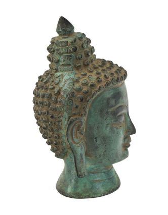 Budhova hlava, mosadzná, zelená patina, 13cm