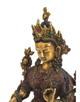 Biela Tara, mosadzná socha, vykladaná polodrahokamami, 38cm