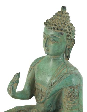 Budha Amoghasiddhi, mosadzná socha, zelená patina, 25cm
