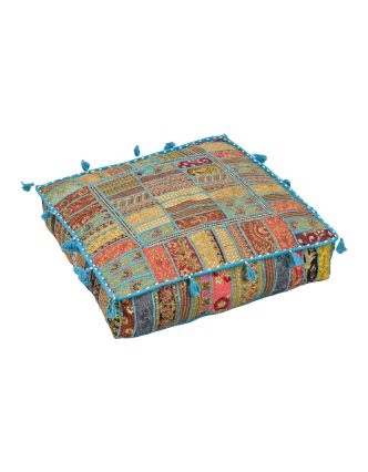 Meditačný vankúš, ručne vyšívaný patchwork, štvorec, 61x61x15cm