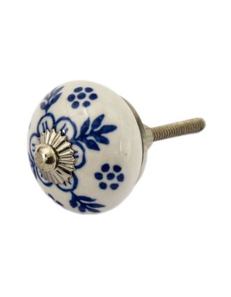 Maľovaná porcelánová úchytka na šuplík, biela, modrá kvetina