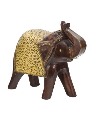 Drevený slon, zdobený mosadzou, 21cm