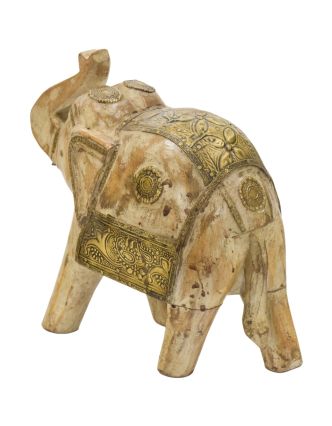 Drevený slon, zdobený mosadzou, 21cm