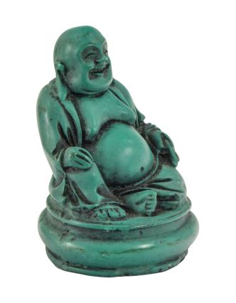 Budha, smejúci, tyrkysový, živica, 8cm