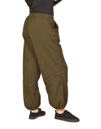 Unisex balónové nohavice bavlnené, khaki zelená, vrecká, guma a šnúrka v páse