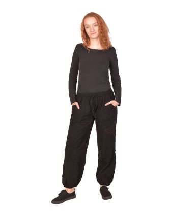 Unisex balónové nohavice bavlnené, čierne, vrecká, guma a šnúrka v páse