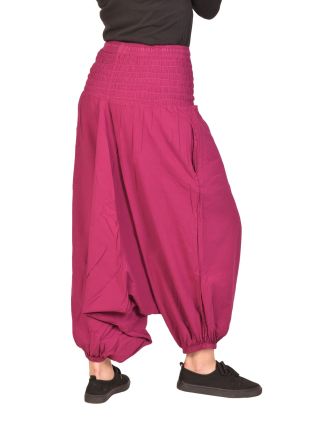 Turecké nohavice bavlnené, fuchsiové, vrecká, guma a žabičkovanie v páse