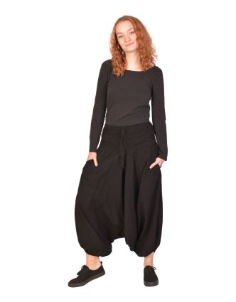 Turecké nohavice bavlnené, čierne, vrecká, guma a žabičkovanie v páse