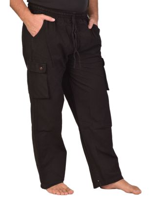 Bavlnené čierne nohavice, bočné vrecká, guma a šnúrka v páse
