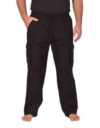 Bavlnené čierne nohavice, bočné vrecká, guma a šnúrka v páse