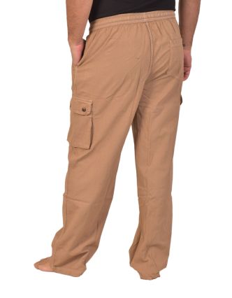 Bavlnené svetlo hnedé nohavice, bočné vrecká, guma a šnúrka v páse