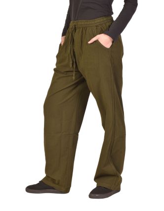 Unisex voľné nohavice bavlnené khaki zelené, vrecká, guma a šnúrka v páse
