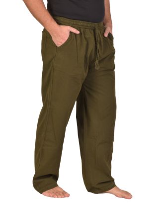 Unisex voľné nohavice bavlnené khaki zelené, vrecká, guma a šnúrka v páse