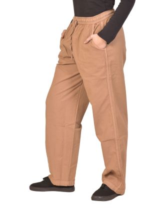 Unisex voľné nohavice bavlnené svetlo hnedé, vrecká, guma a šnúrka v páse