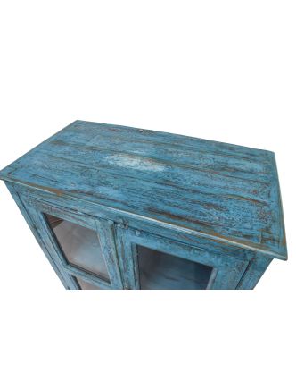 Presklená skriňa z teakového dreva, tyrkysová patina, 86x46x111cm