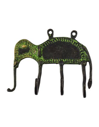 Vešiak, slon, "Tribal art", mosadz, dva háčiky, zelená patina, 15cm
