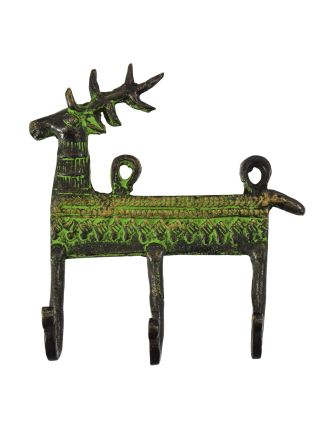 Vešiačik "Tribal Art", jeleň, zelená patina, mosadz, tri háčiky, 21x3x11cm
