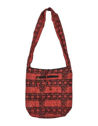 Červená taška cez rameno s potlačou mantry, vrecká, zips, 39x40cm