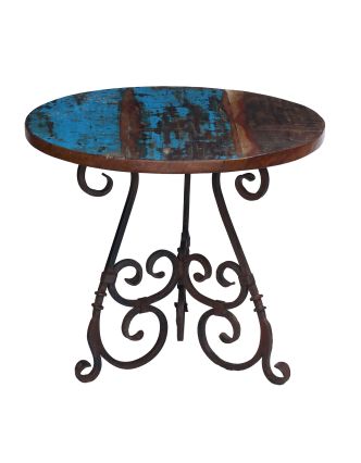 Okrúhly stolík z teakového dreva v "Goa" štýle, kovové nohy, 76x76x65cm
