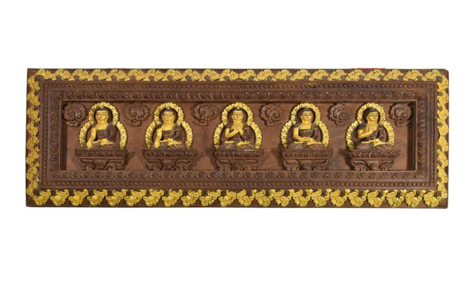 Drevený panel, Päť Dhjánibudhov, ručne vyrezávaný, pozlátený, 73x25cm