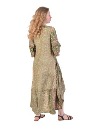 Dlhé asymetrické šaty s krátkym rukávom a vreckami, ružovo-zelené s potlačou