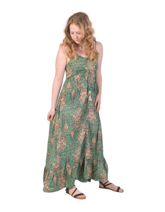 Dlhé šaty na ramienka s volánom a vreckami, zelené s kvetinovou potlačou
