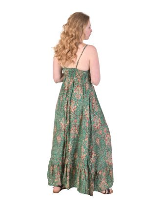 Dlhé šaty na ramienka s volánom a vreckami, zelené s kvetinovou potlačou
