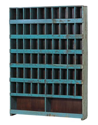 Knižnica z teakového dreva, tyrkysová patina, 139x25x194cm