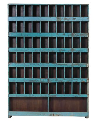 Knižnica z tíkového dreva, tyrkysová patina, 139x25x194cm