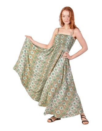 Dlhé šaty na ramienka so žabičkovaním, zelené s kvetinovou potlačou