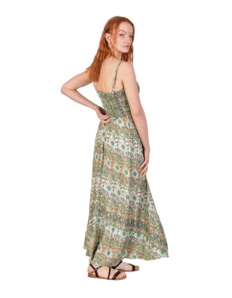 Dlhé šaty na ramienka so žabičkovaním, zelené s kvetinovou potlačou