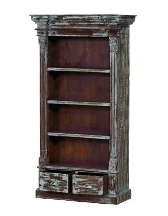 Knižnica z teakového dreva, tyrkysová patina, 86x39x164cm