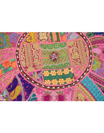 Taburet z Rajasthanu s bohatou Ari výšivkou, priemer 53cm výška 40cm patchwork