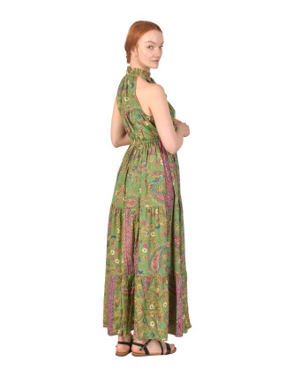 Dlhé šaty s francúzskym golierom a volánom, zelené s kvetinovou potlačou
