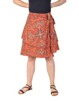 Krátka zavinovacia sukňa, červeno-modrá s paisley vzorom a zlatou potlačou