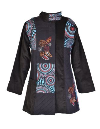 Čierno-modrý manžestrový kabátik, Mandala tlač a výšivka, zapínanie na zips