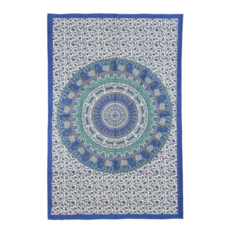 Prikrývka na posteľ s tlačou, modro-čierny, slony a jelene, mandala, 130x210cm