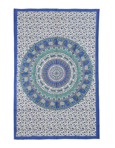 Prikrývka na posteľ s tlačou, modro-čierny, slony a jelene, mandala, 130x210cm