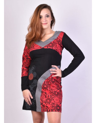 Čierno-červené šaty s dlhým rukávom, kvetinová potlač, V výstrih